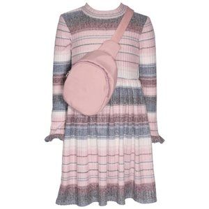Bonnie Jean Girls 4-16 Pink Blue Stripe Ribbed Knit Dress X-Body Bag